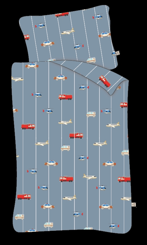 Billede af Juniorsengetøj 100x140 cm - Blå med biler og fly - 100% bomulds sengesæt